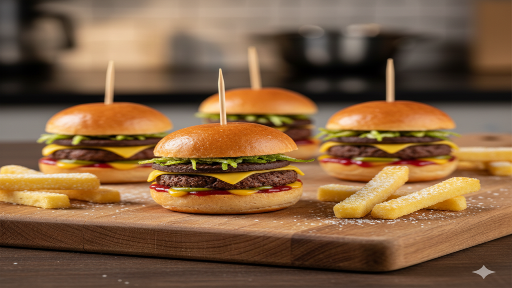 Image de mini burgers en trompe l'œil à réaliser lors d'un atelier pâtisserie pour un duo (1 adulte et 1 enfant) chez Le Fouet Enchanté.