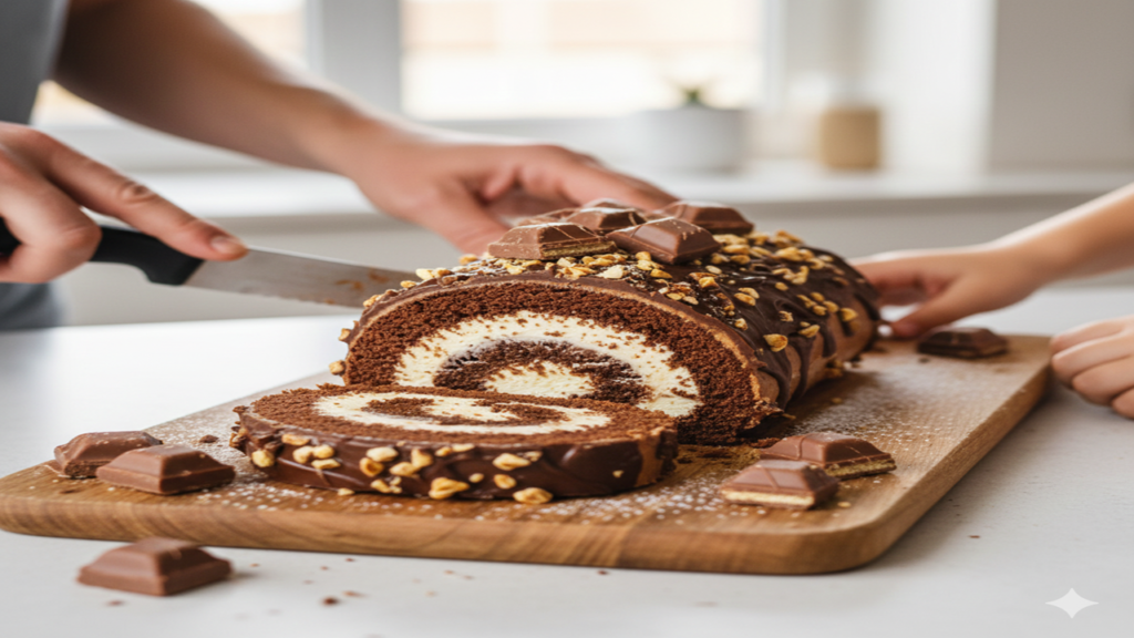 Image d'un roulé Kinder Bueno à réaliser lors d'un atelier pâtisserie pour duo (1 adulte et 1 enfant) chez Le Fouet Enchanté.