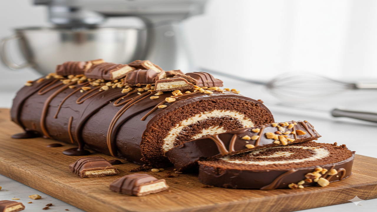 Image d'un roulé Bueno à réaliser lors d'un atelier pâtisserie pour duo (1 adulte et 1 enfant) chez Le Fouet Enchanté.